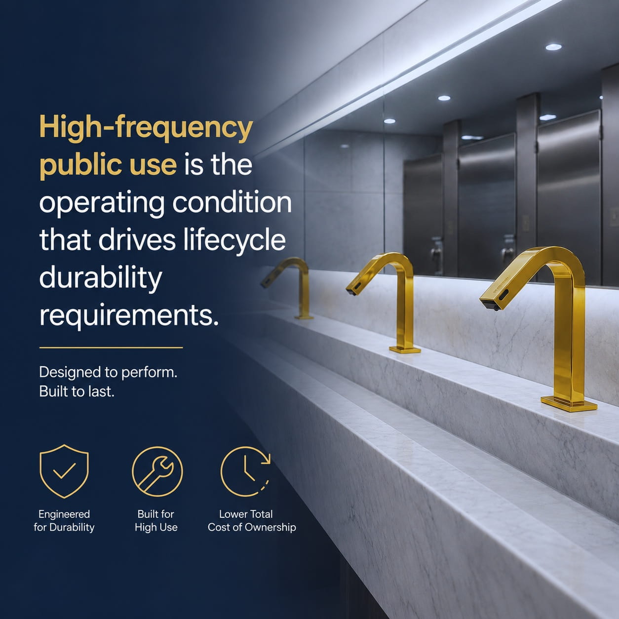 High traffic airport lavatory environment illustrating repeated user activation cycles on touchless solid brass sensor faucet assemblies